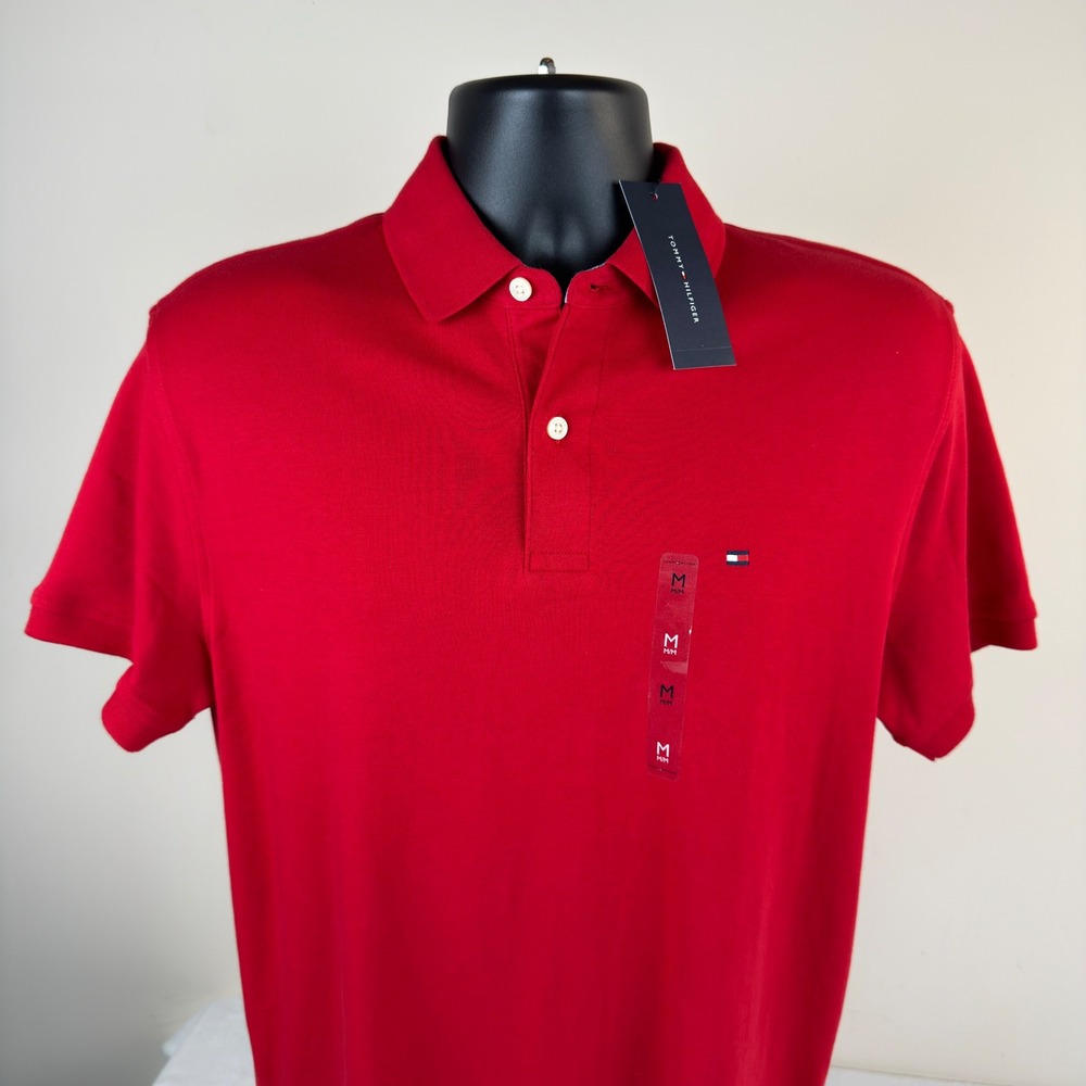 Tommy Hilfiger Mens Red Short Sleeve Polo Shirt Cotton Shirt Medium XM07297 New